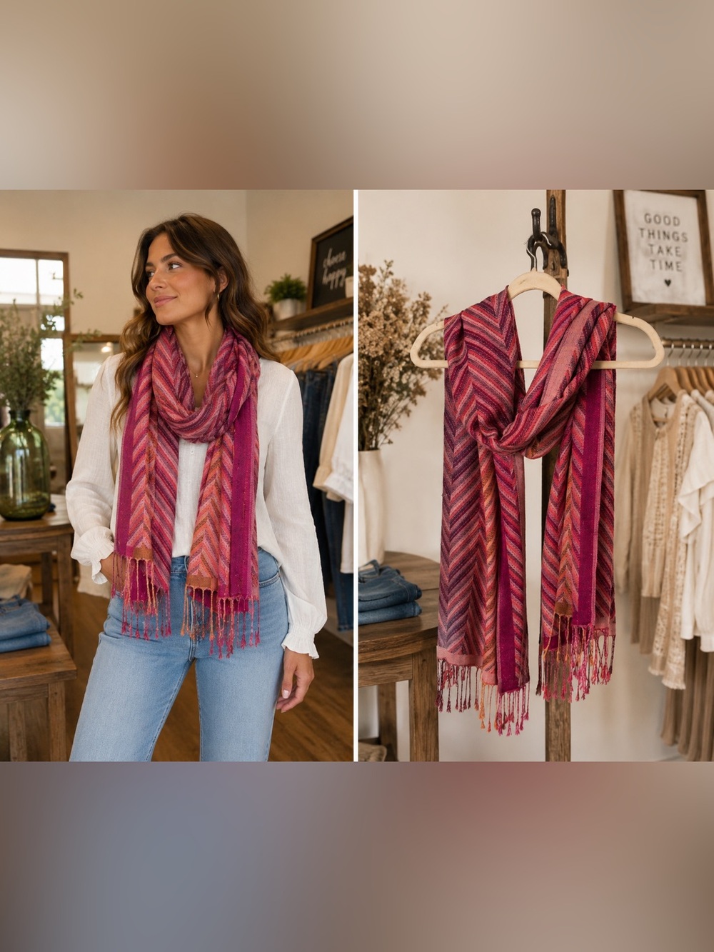 C Wonder Chevron Fringe Scarf Pink Purple Magenta Woven Oversized 75” x 26” Boho